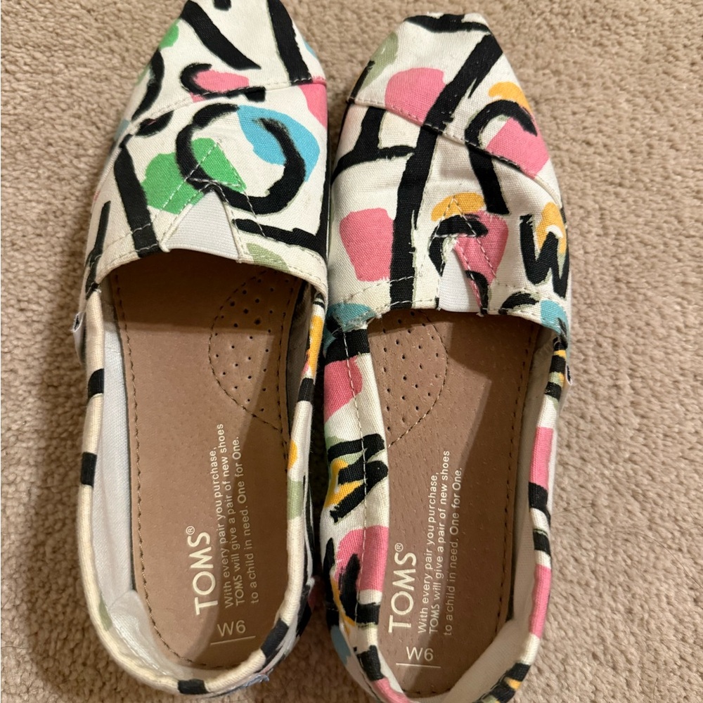 TOMS White Canvas Slip-On Flats with Pink, Green, Blue & Yellow Accents